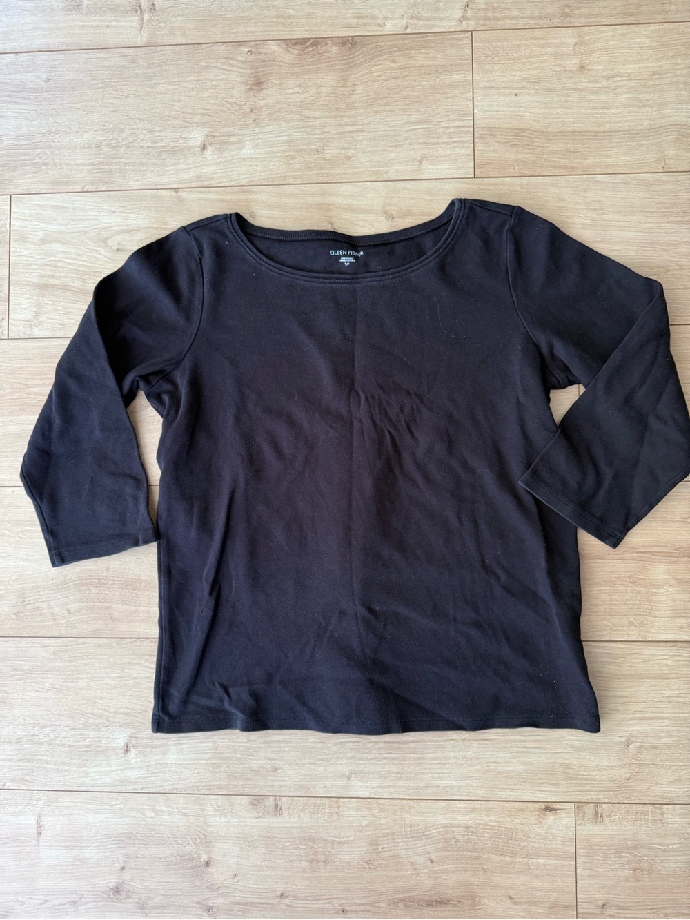 Eileen Fisher Black 100% Cotton 3/4 Sleeve Boat Neck Tee S Minimalist Classic